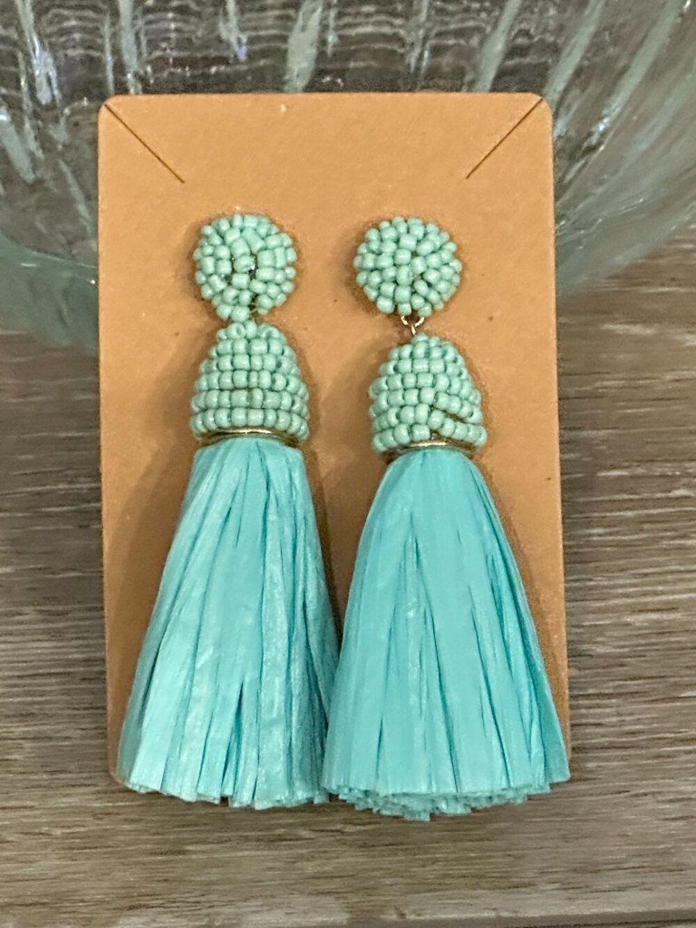 NWT Fornash Turquoise Blue Raffia Tassels & Beaded Drop Earrings